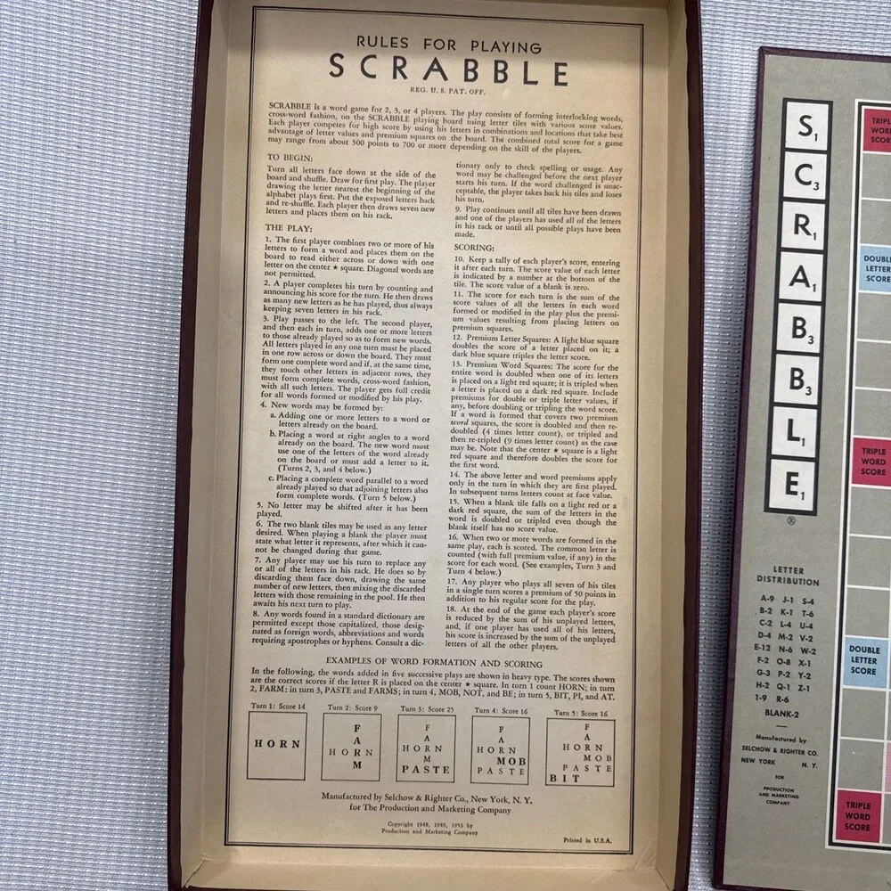 1948-1953 Vintage SCRABBLE Board Game Selchow Righter Wood Tiles Old Classic